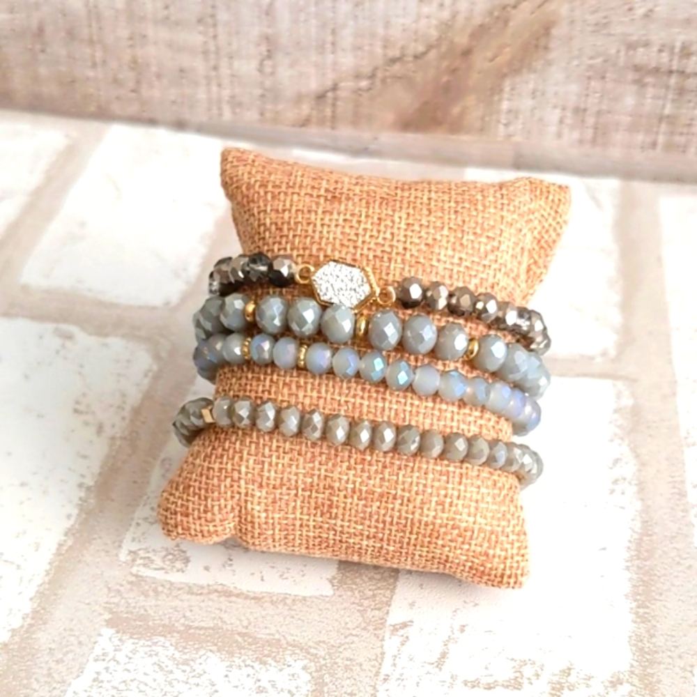 Silver & Gray Crystal Beaded Boho Bracelets Multi Layer Stretch Natural Gemstone - Picture 12 of 12
